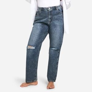 High Waisted Straight Leg Ripped Knee Jeans